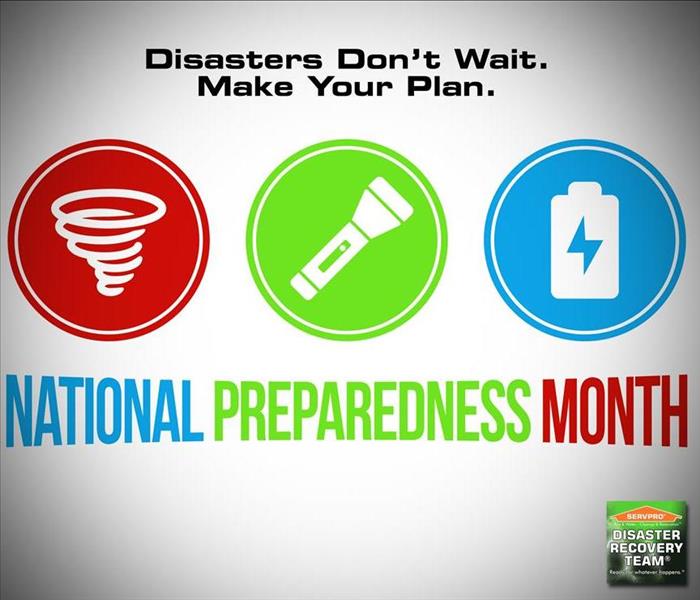 A picture with an icon of a tornado, an icon of a flashlight and an icon of a battery for national preparedness month