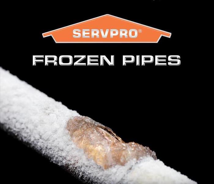 a frozen water line with a split in it due expansion along with SERVPRO Logo and the words; "Frozen Pipes 