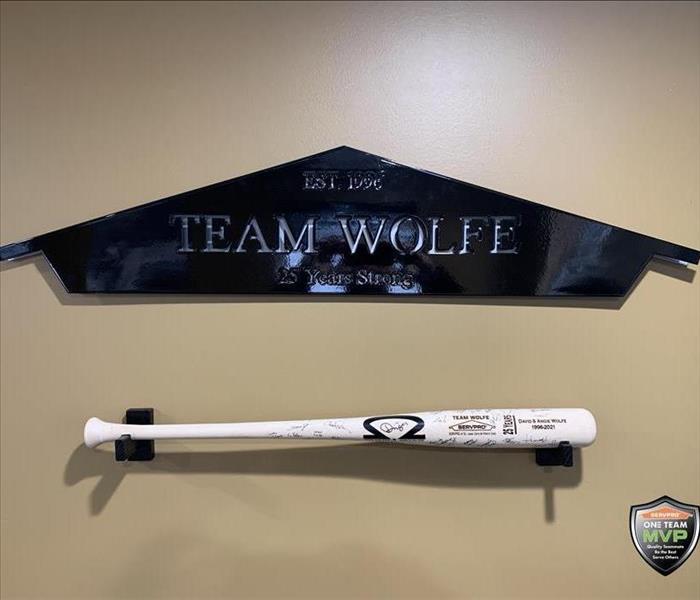 a black Presentation wall plaque and a 25 years of service signed baseball bat